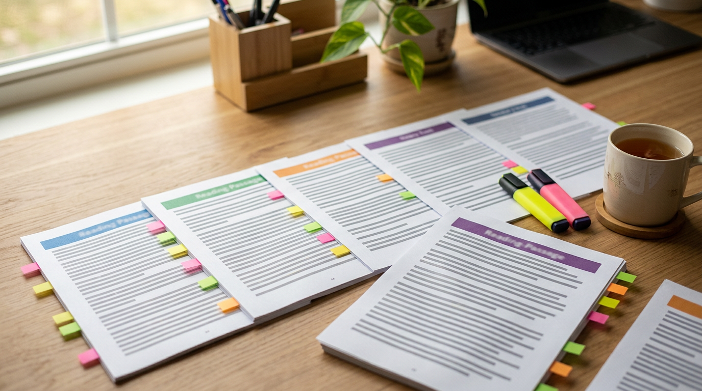 Illustrative reading passages on a teacher’s desk with colored sticky tabs and highlighters